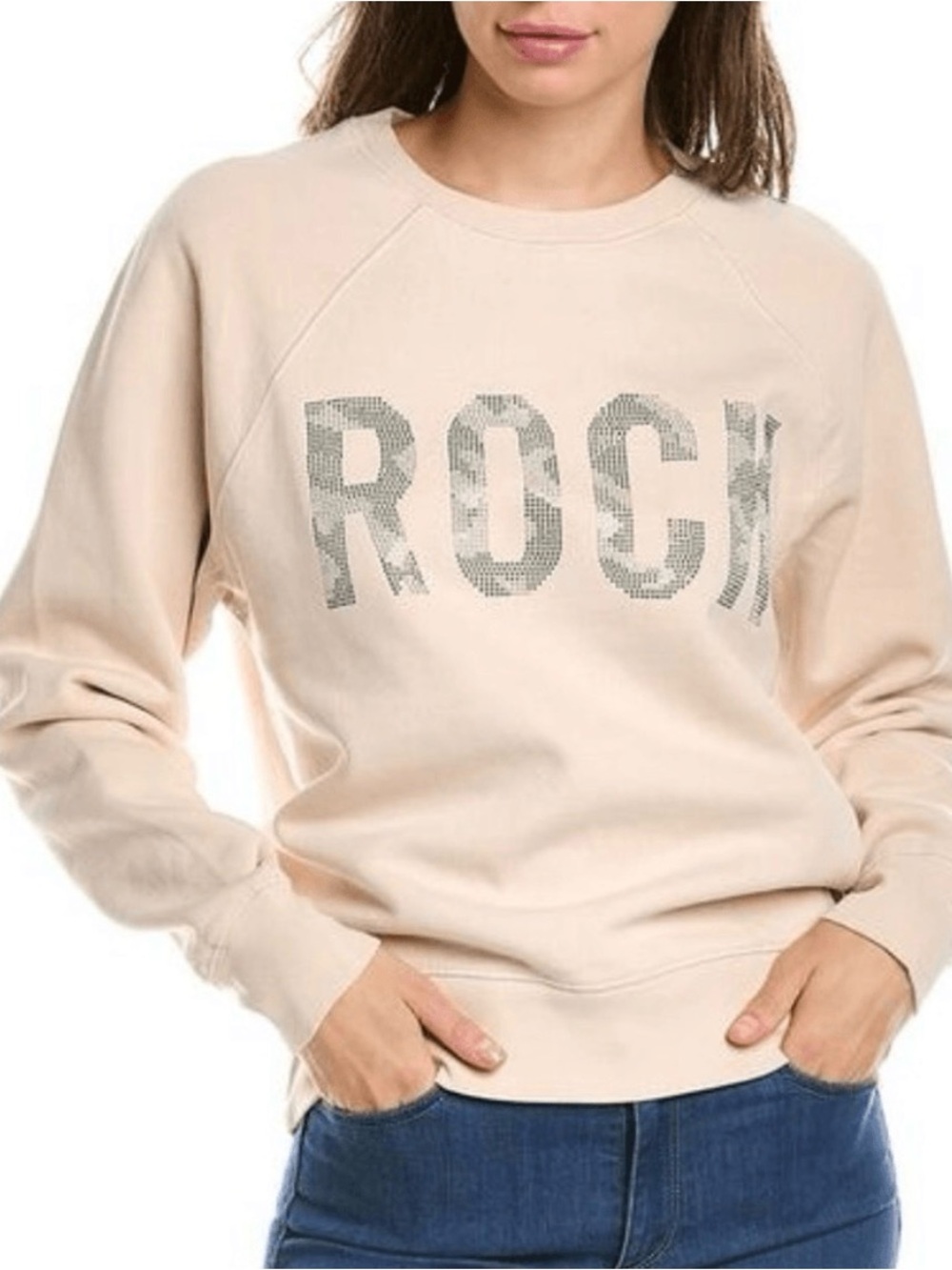 Zadig & Voltaire Cream Crewneck Sweatshirt with Embellished 'ROCK' Graphic Small